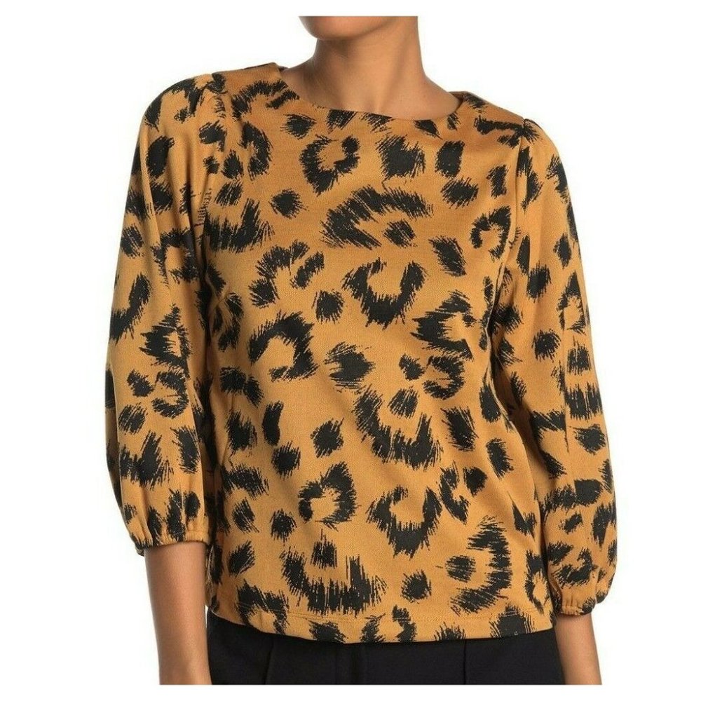 Everleigh Top Animal Print Blouse Black Mustard Yellow 3/4 Sleeves New W/ Defect